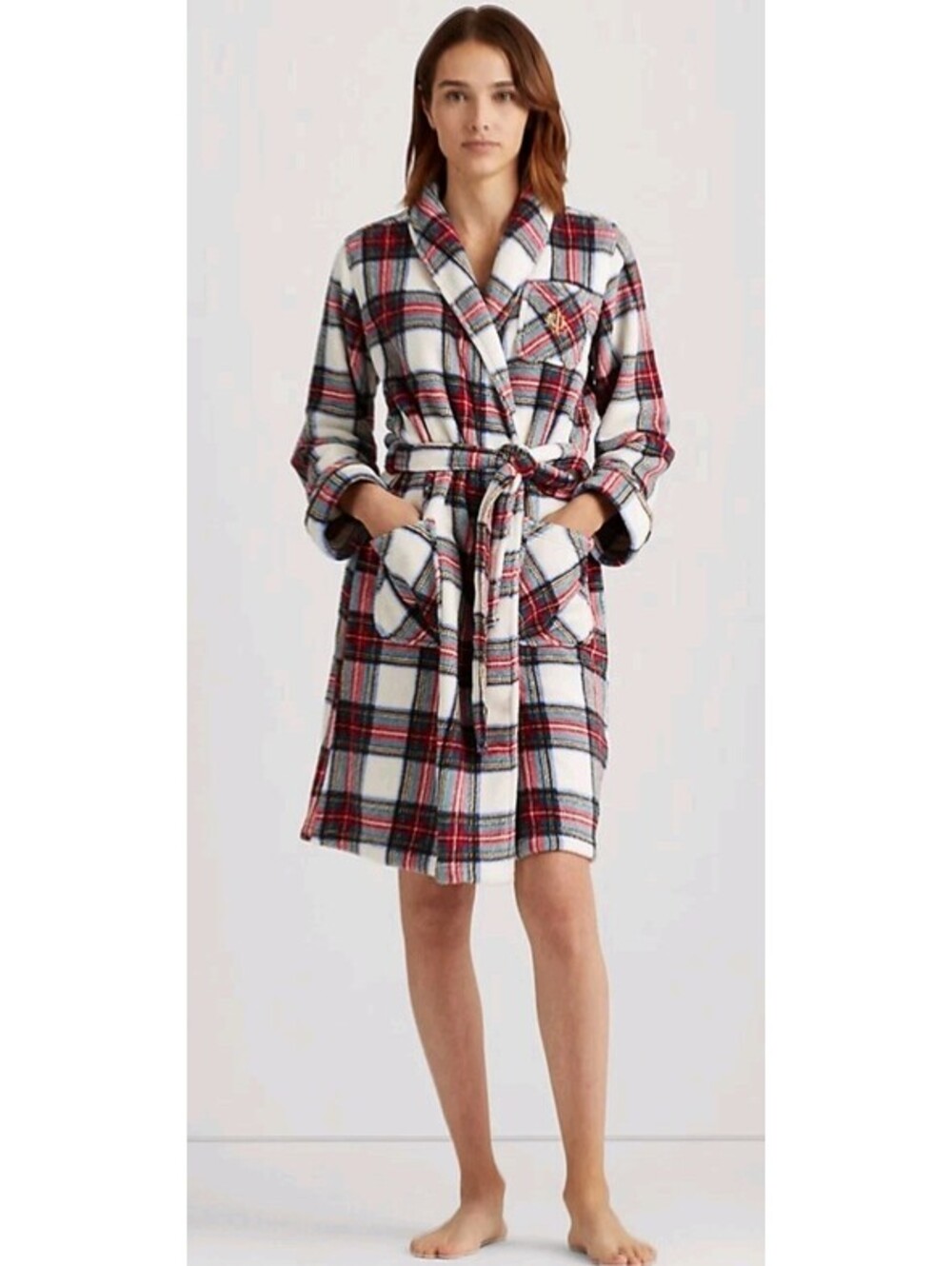 Lauren Ralp Lauren Small Red White Green Plaid Short Shawl-Collar Robe Crested